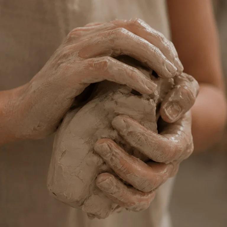 Hands shaping clay during a ceramic handbuilding workshop at Mold Me Studio